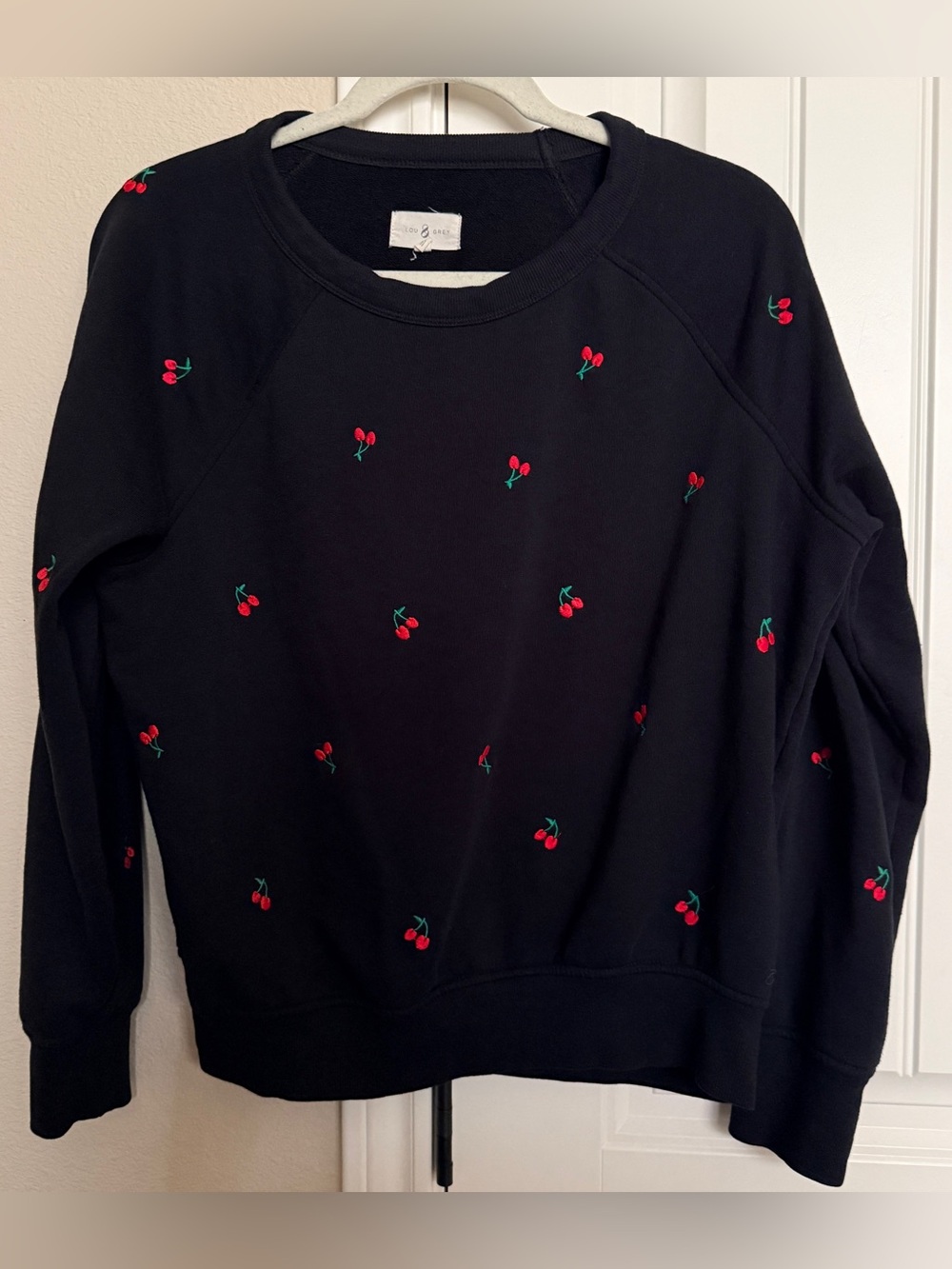 LOFT Lou & Grey Black Crewneck Sweatshirt with Cherry Embroidery Size Medium
